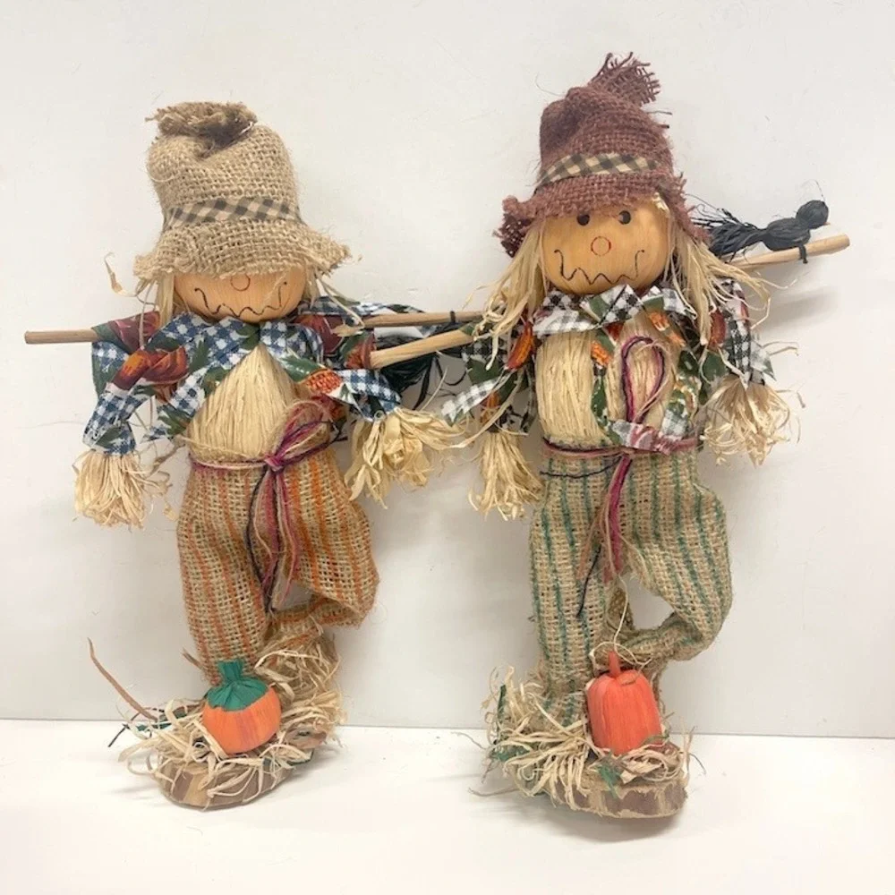 Rustic Fall Harvest Scarecrow Figurines Set of 2 Burlap Raffia Decor 12 Inch